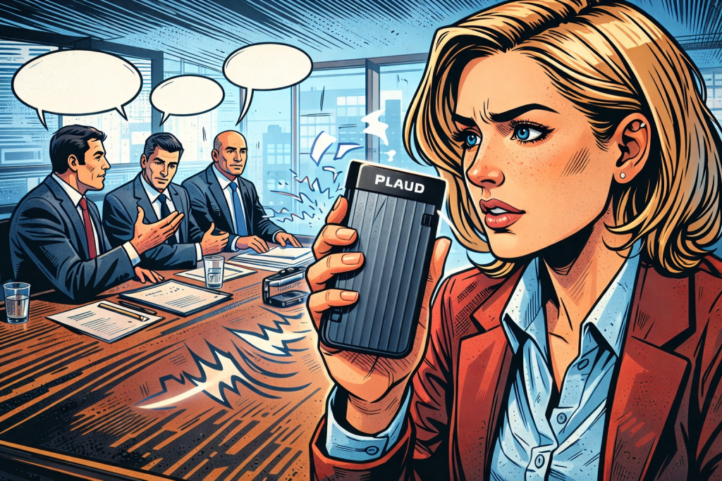 会議でボイスレコーダーで録音する女性