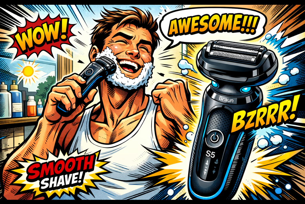 ブラウンシェーバーで髭を剃る男性