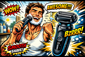 ブラウンシェーバーで髭を剃る男性