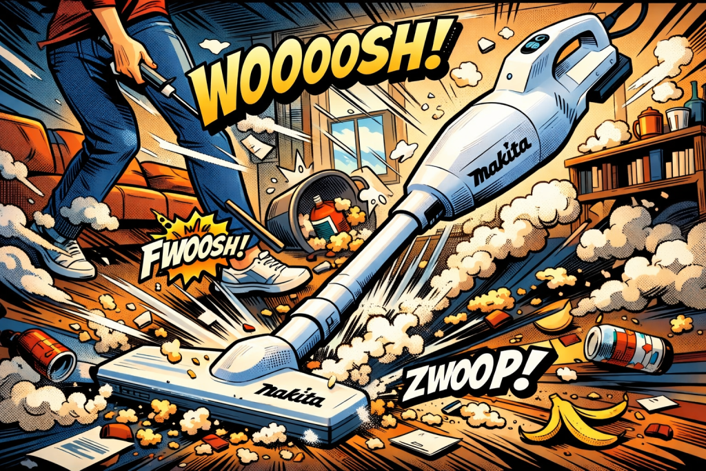 マキタCL108FDSHW掃除機で部屋の埃を吸っている