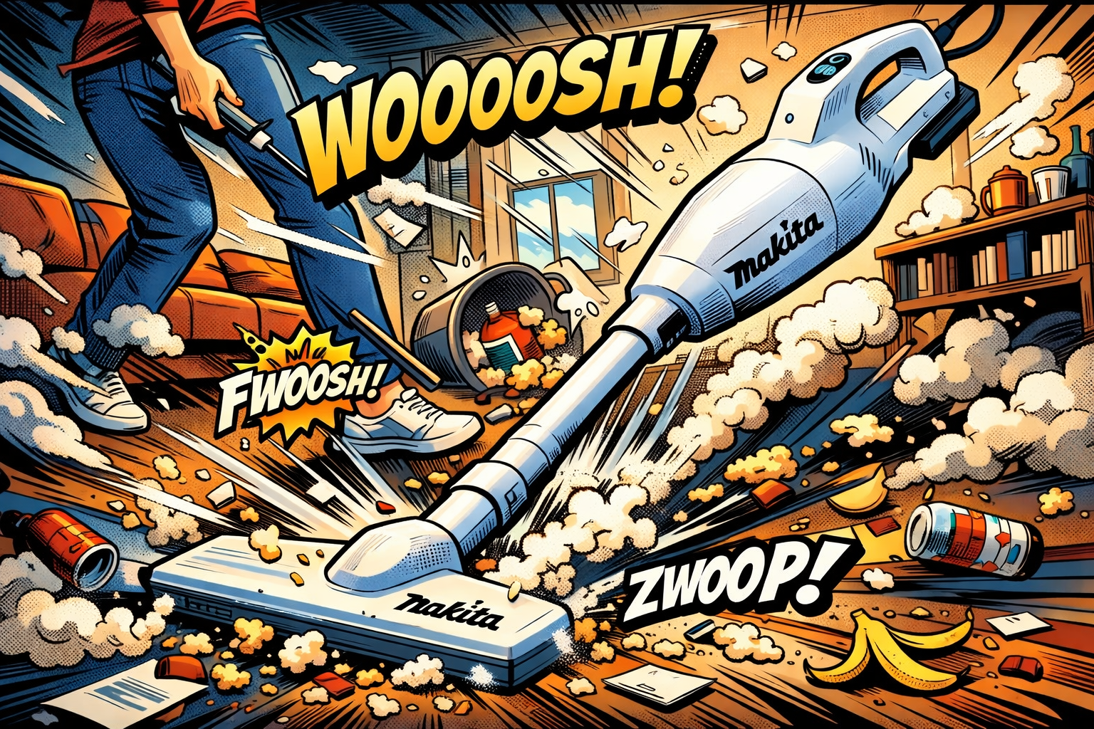 マキタCL108FDSHW掃除機で部屋の埃を吸っている