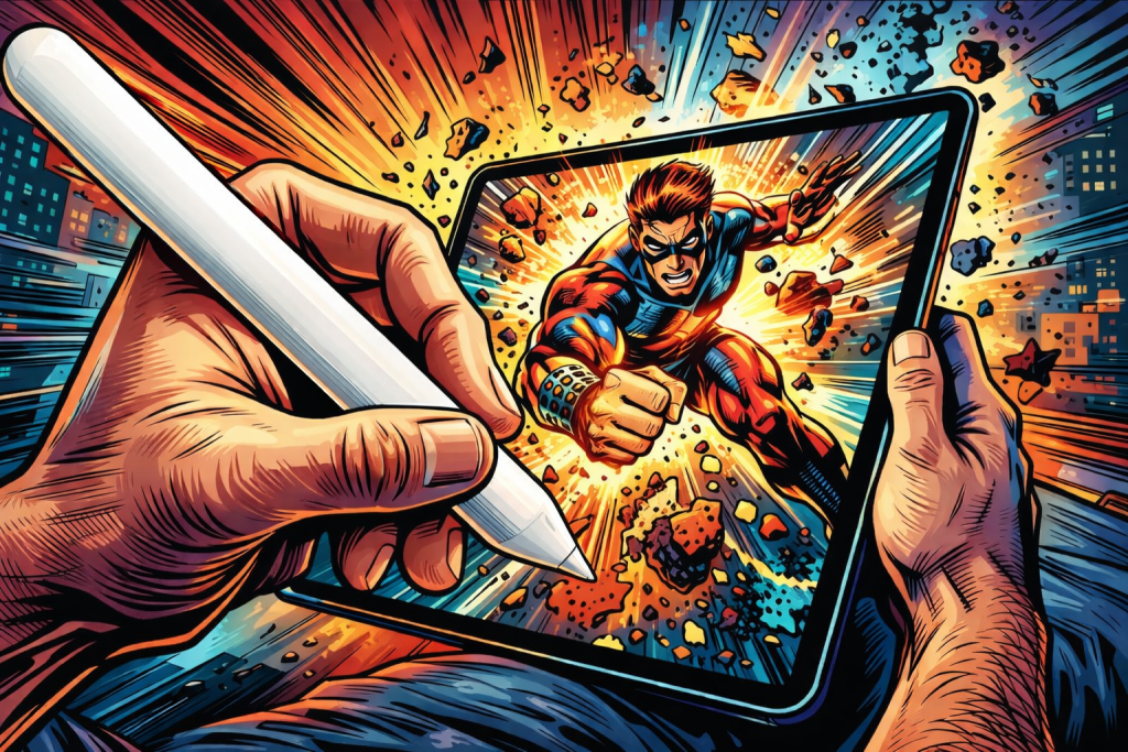 アップルペンシルでタブレットで絵を書いている