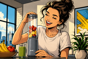 ブルーノのミキサーで作ったフルーツドリンクを飲む女性