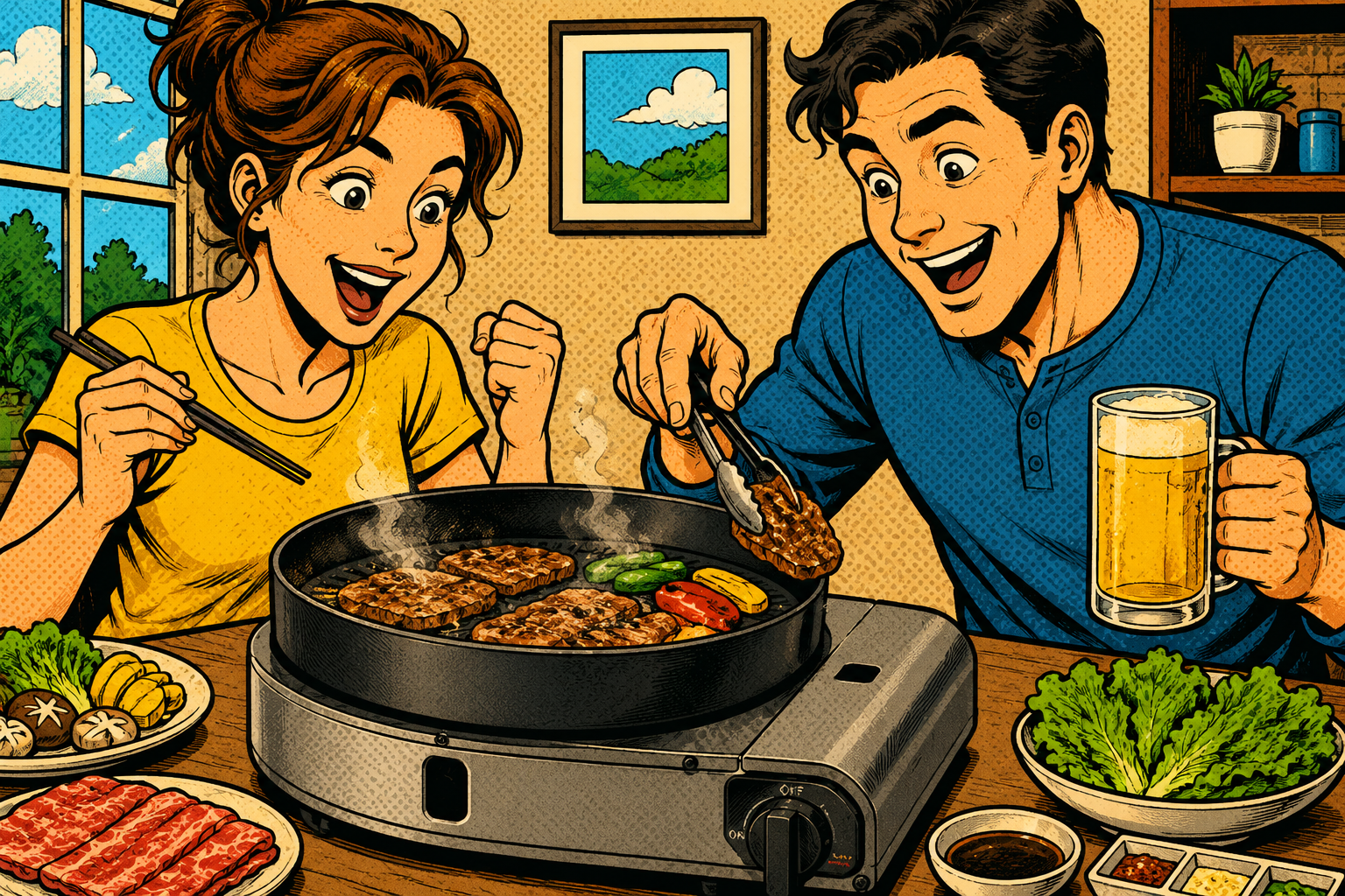 焼肉する男女