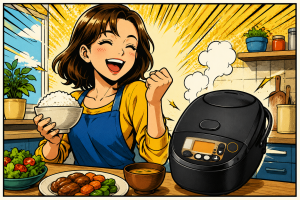象印の炊飯器でほくほくのご飯が炊けている