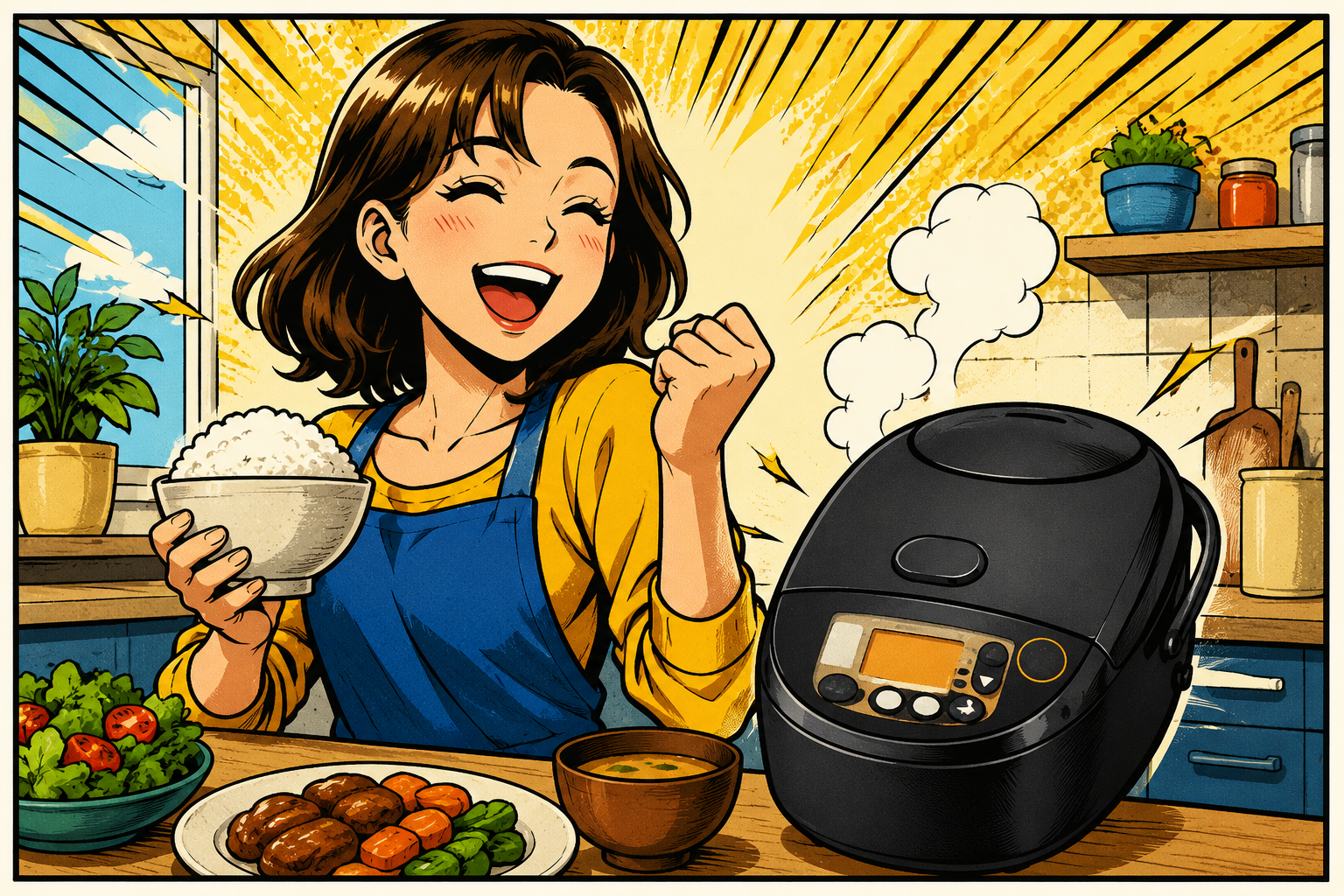 象印の炊飯器でほくほくのご飯が炊けている