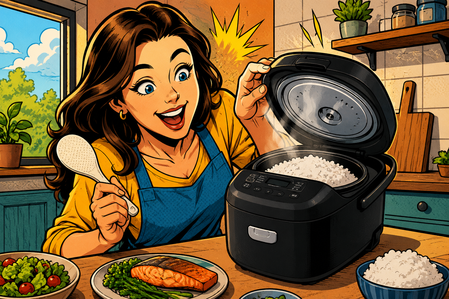 炊飯器でご飯をたいて喜ぶ女性