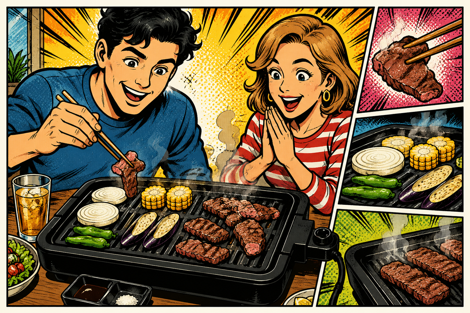 焼肉をする男女